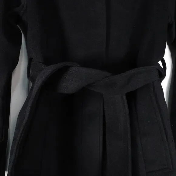 New Quince Women Black Italian Wool Belted Funnel Neck Coat Rare